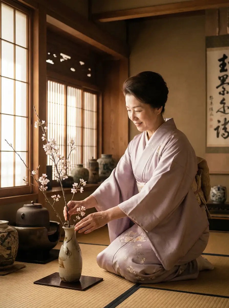 一位优雅的 蓝莓tv 在和室中插花